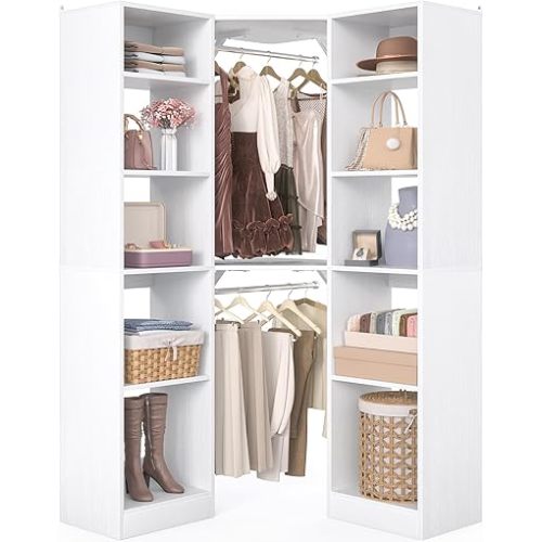 Corner Closet System With 12 Shelves, 40" Large Organizer With 2 Hanging Rods, Versatile 6-Tier Walk-in Closet for Corner Space, White