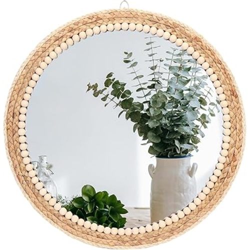 Boho Round Hanging Rattan Circle Nursery Mirror, Decorative Wall Decor for Farmhouse Bathroom Bedroom Living Room, Kids Girls Room, Foyer Home Wall Decor (20 inch)