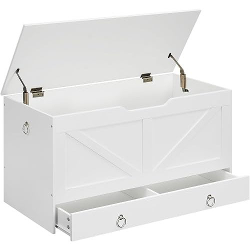 HOOBRO Storage Chest, 39.3" Toy Chest with Drawer, Wooden Storage Bench, Sturdy Entryway Bench Supports 220 lb, Shoe Bench, Safety Hinge, U-Shaped Opening, Easy Assembly, White WT710CW01G2