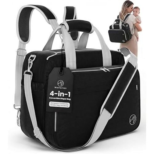 Mellories 4 in 1 Convertible Diaper Bag Tote For Baby Boys and Girls - Converts Into Diaper Backpack, Baby Tote, Stroller Bag and Crossbody Diaper Bag - Black Baby Travel Bag - Gift for Mom