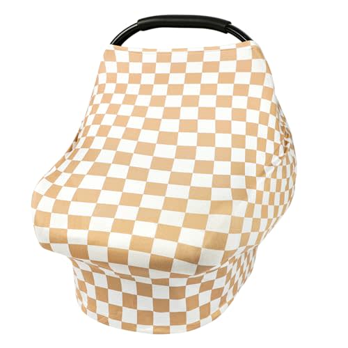 TANOFAR Car Seat Cover for Baby, Multi-Use Cover Carseat Canopy, High Stretchy & Breathable Infant Carseat Cover, Shower Gifts for Unisex Boys and Girls (Light Brown Checkerboard)