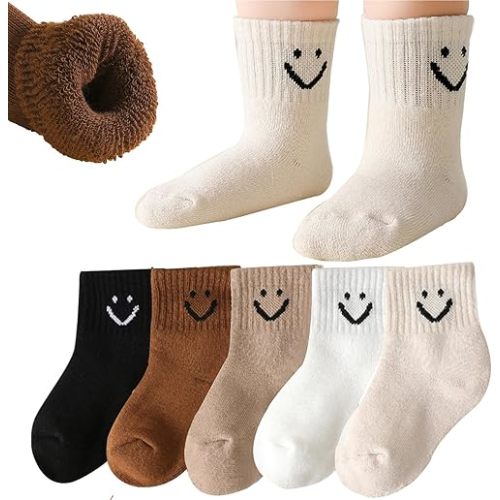 Baby Boys Girls Cute Smiley Face Ankle Toddler Terry Thick Winter Crew Socks Kids, 5 Pairs
