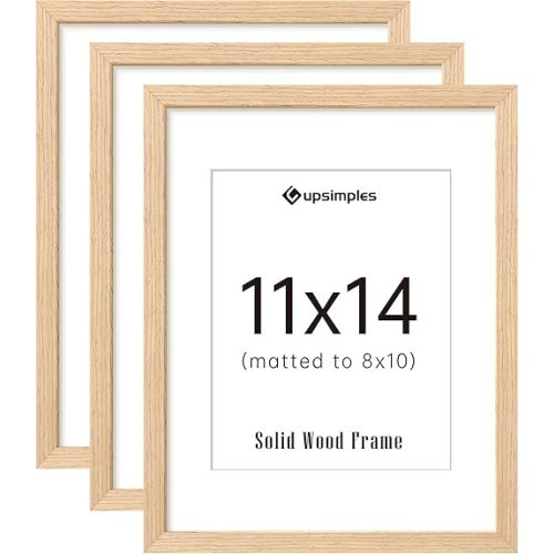 upsimples 11x14 Picture Frame Set of 3, Natural Solid Wooden Picture Frames, Display 8x10 with Mat or 11 x 14 Without for Vertical or Horizontal Wall Hanging
