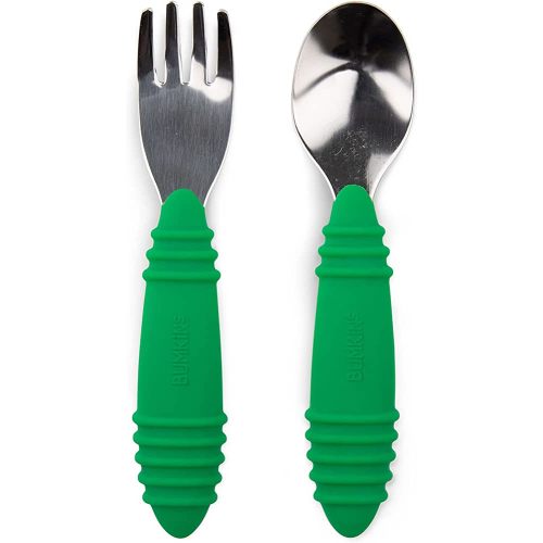 Bumkins Toddler Utensils, Kids Size Fork and Spoon Set, Silicone and Stainless-Steel Training Silverware, Fork / Spork for Self-Feeding, Children Hold Learning to Eat, 18 Months Up, Jade Green