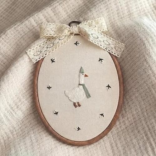 Yalikop Large Silly Goose Wall Art 7 x 10'' Embroidered Goose Nursery Decor with Bow Lace Wooden Hoop Coquette Framed Canvas Artwork Hanging Decor for Baby Shower Bedroom Decoration(Sage Green)