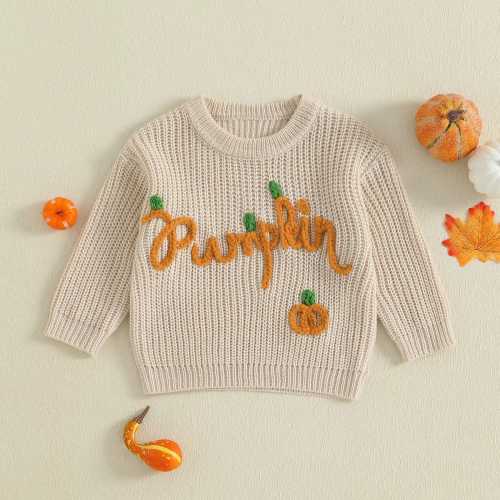 Baby Halloween Sweater Letter Pumpkin Embroidery Long Sleeve Crew Neck Knitwear Pullover, Baby, Homecoming Dress, Fall Sweater Embroidered