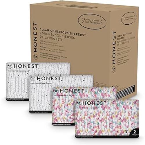 The Honest Company Clean Conscious Diapers | Plant-Based, Sustainable | Young at Heart + Rose Blossom | Super Club Box, Size 2 (12-18 lbs), 124 Count