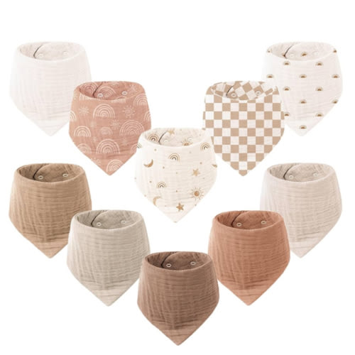Konssy Muslin Baby Bibs 10 Pack Baby Bandana Drool Bibs 100% Cotton for Unisex Boys and Girls, Soft Absorbent Set for Teething and Drooling
