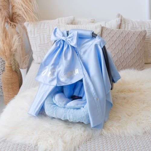 Baby Blue Satin Baby Car Seat Cover Accessories Set: Personalized Silver, Baby Car Seat Insert Cushions, Headrest - FREE SHIPPING