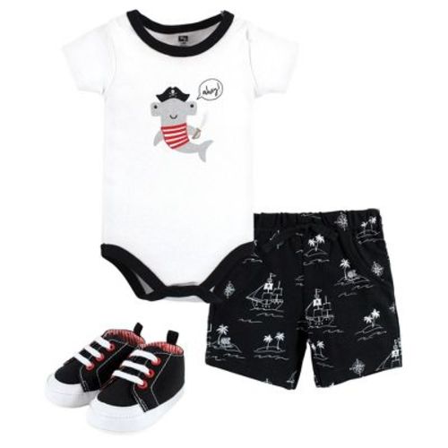 Hudson Baby Infant Boy Cotton Bodysuit, Shorts and Shoe Set, Pirate Shark, 9-12 Months
