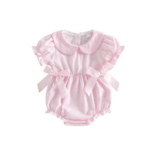 BemeyourBBs Newborn Baby Girl Summer Clothes Cute Infant Baby Girls Striped Bubble Romper with Bows Puff Short Sleeve Doll Collar Ruffled Bodysuit Jumpsuit Playsuit