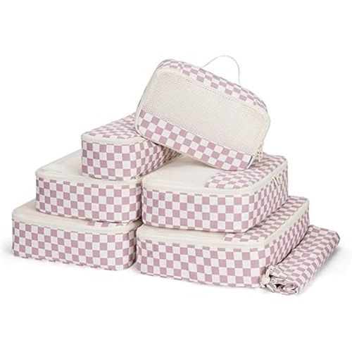Narwey 7 Set Checkered Packing Cubes for Travel Carry on Suitcase Luggage Organizer Bags for Kids Women Men, Durable Packing Organizers Bag, Travel Essentials Accessories (Dusty Pink Checkerboard)