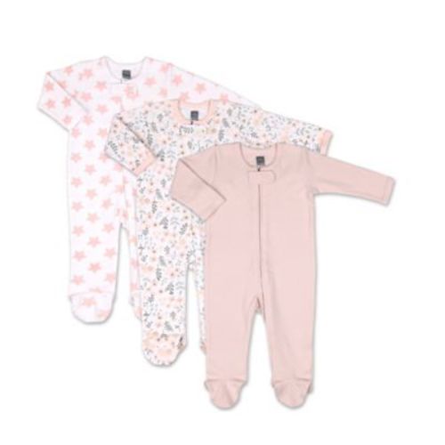 PS by The Peanutshell® Size 3M 3-Pack Flowers and Stars Long Sleeve Sleepers - CORAL/WHITE - 3 MONTHS