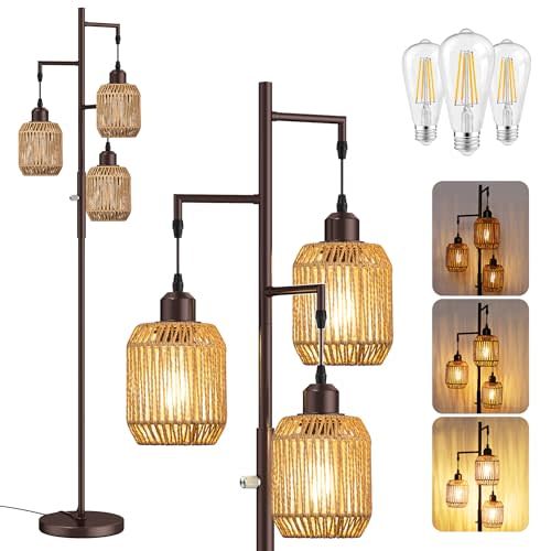 ROTTOGOON Dimmable Boho Floor Lamp - 3 Light Farmhouse Rattan Floor Lamp for Living Room, Industrial Tree Floor Lamps with 3 X 6W LED Bulbs, Rustic Standing Tall Lamp for Bedroom, Office, 68", ORB