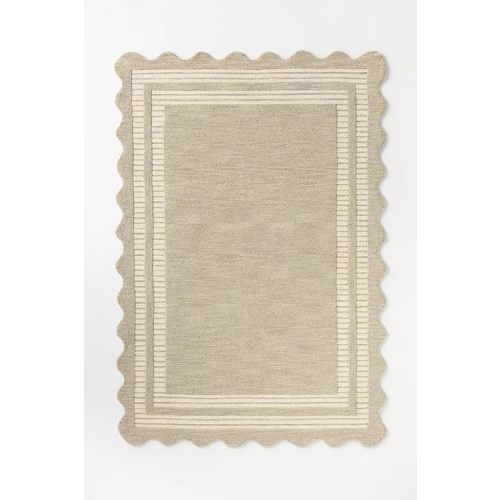 Handmade Scalloped Edge Area Rug, 100% Wool Solid Plain Modern Rug with Wavy Border, Soft Plush Floor Carpet for Living Room Bedroom Dining Room Nursery (Taupe, 5' x 8')
