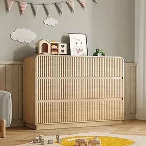BORNOON Dresser for Bedroom with 6 Drawers, Fluted Chest of Drawers with Round Curved Corner, Hidden Handles, Modern Wood Storage Organizer for Bedroom, Nursery, Living Room