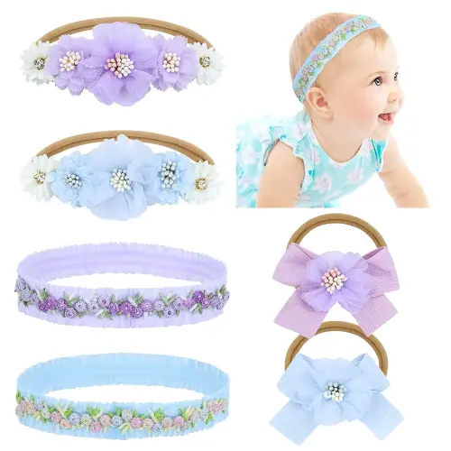 6 Pieces Super Soft Stretchy Purple Light Blue Baby Girl Bow Flower Nylon Headbands Floral Lace Headbands Hair Accessories for Newborns Infants Toddlers Girls Kids