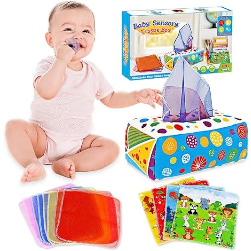 Baby Toys 6 to 12 Months - Baby Tissue Box Toys Montessori Toys for Babies 6-12 Months Soft Crinkle Infant Sensory Toys for 1 Year Old Early Learning Toys Baby Boys Girls Gifts