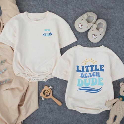 Little Beach Dude Bodysuit, Personalized Baby Boy Romper, Custom Name Beach Baby Outfit, Newborn Gift