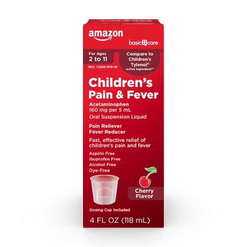 Amazon Basic Care Children's Pain Reliever & Fever Reducer, Acetaminophen 160 mg per 5 mL Oral Suspension Liquid, Dye-Free Cherry Flavor, 4 fl oz (Pack of 1)