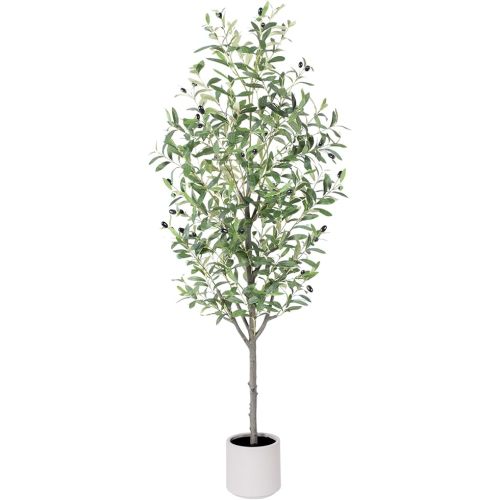 AQUGQ Olive Tree Artificial Indoor, 5ft Tall Silk Faux Olive Tree with White Planter, Artificial Plants with Natural Wood Trunk and Lifelike Fruits for Home Office Decor