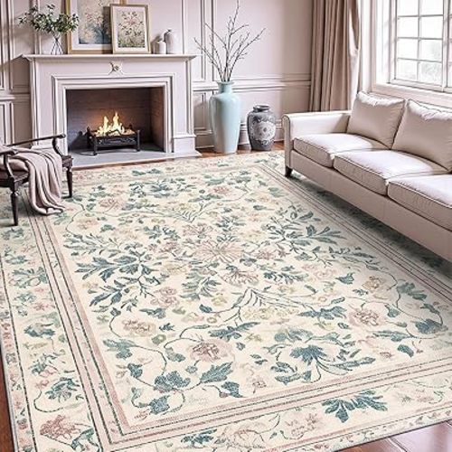 6x9 Non Slip Washable Area Rug Vintage Floral Print Boho Carpet for Living Room Bedroom Nursery Soft Low Pile Indoor Rug for Kids Room Home Decor Beige