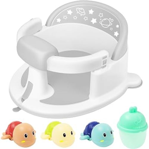 Baby Bath Seat 6M+, Non-Slip Cushion, 5-Pc Set for New Parents, Gray