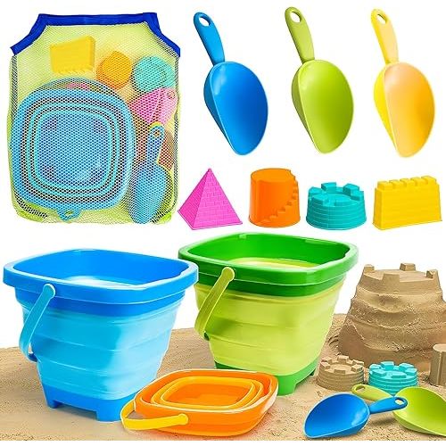 Collapsible Beach Toys Sand Toys for Toddlers 1-3, Beach Toy Sand Toy for Kids Ages 4-8, Collapsible Beach Sand Buckets Toys for Kids, Sandbox Toys for Toddler with Castle Sand Mold Shovel