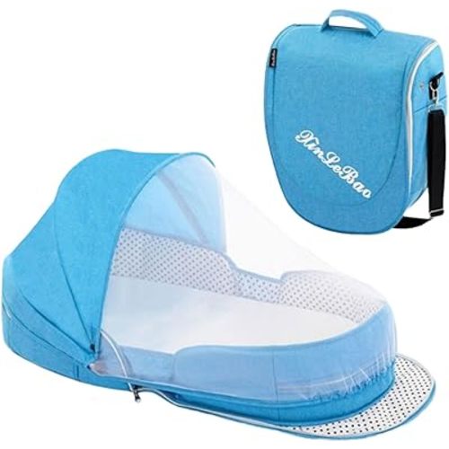 Folding Baby Travel Bassinet Portable Lightweight Travel Crib Baby Bed Co- Sleeper for Baby in Bed with Canopy and Mosquito Net (Blue, with Sunshade)