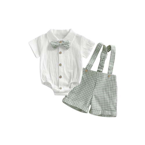 Loicainy Infant Baby Boy Gentleman Clothes Set 3 6 9 12 18 Month Short Sleeve Bow Tie Romper with Plaid Suspender Shorts Summer Outfit