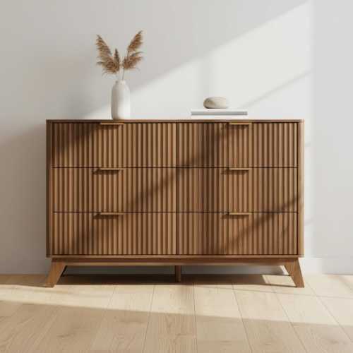 Modern 6 Drawer Dresser – Fluted Wooden Bedroom Storage Cabinet