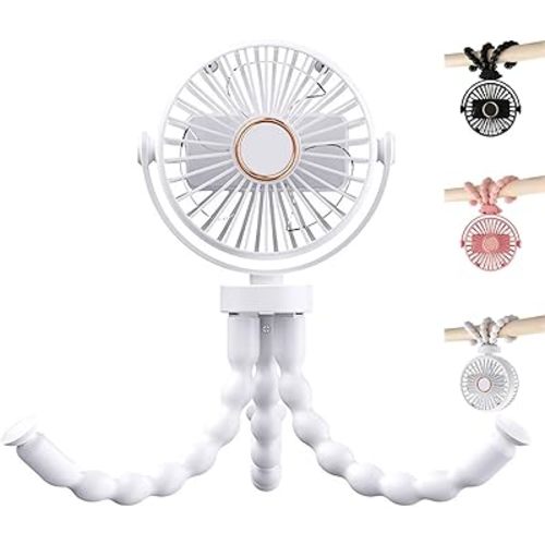 USB Rechargeable Octopus Mini Fan, Flexible Tripod, Quiet & Strong Wind, Portable Stroller Fan for Baby, Outdoor, Desktop & Handheld Use (White, Large)