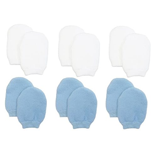 Newborn Baby Boy No Scratch Cotton Mittens (Includes 3 Pairs White & 3 Pairs Blue Mittens)
