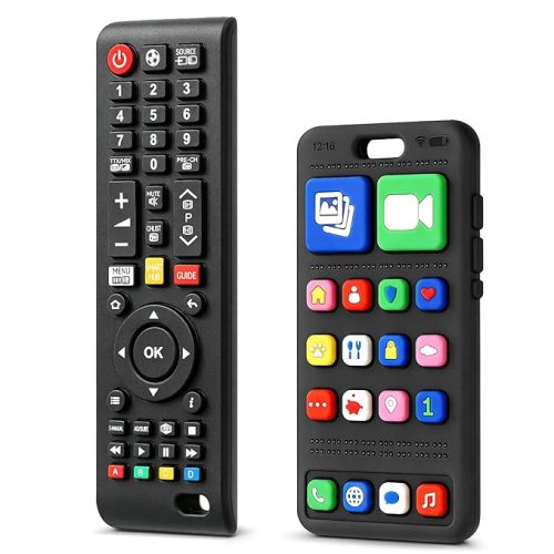 2 Pack Baby Teething Toys 3-6 6-12 Months, Sensory Silicone Phone and Remote Teether Toys for Teething Relief, Infants Newborn Chew Toys 6-18 Months for Sucking Needs, Shower Birthday Gifts
