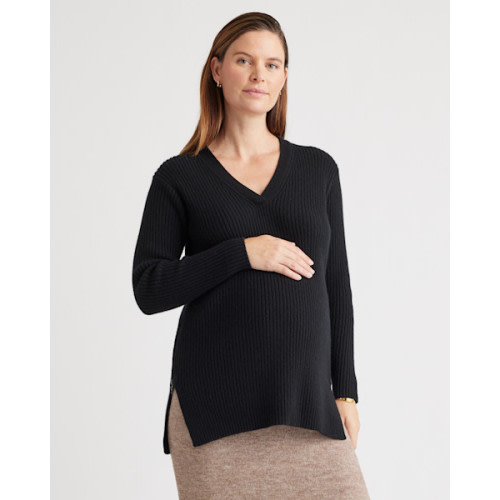 Mongolian Cashmere Ribbed Side Zip Maternity Sweater in Black