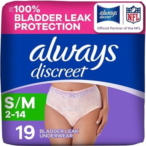 Always Discreet Adult Diapers for Women, Incontinence Underwear, Postpartum Essentials, Disposable Briefs, Max Absorbency, Bladder Leak Protection, Small/Medium, 19ct