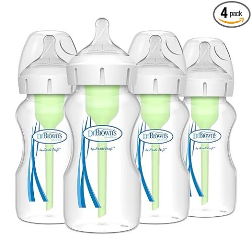 Dr. Brown's Natural Flow Anti-Colic Options+ Wide-Neck Baby Bottles 9 oz/270 mL, with Level 1 Slow Flow Nipple, 4 Count, 0m+