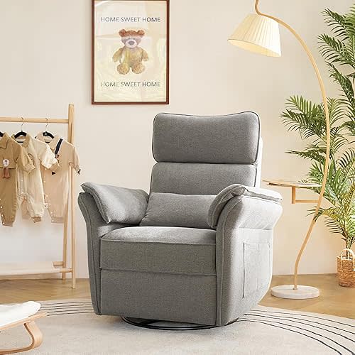 HULALA HOME Nursery Glider Recliner with Adjustable Headrest and Armrests, Modern Power Swivel Rocker Recliner Chair with USB Port and Storage Bags, GREENGARD, FSC, CertiPUR-US® Certified, Ash