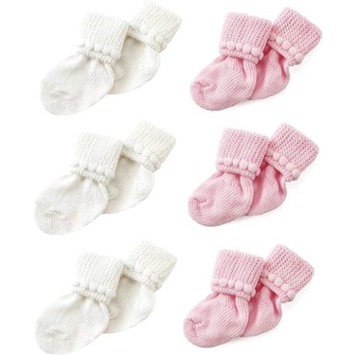 Nurses Choice 6 Pairs Stay-On Baby Socks, Soft Bubble Cuff Cotton Booties 0–3 Months, Hospital Trusted Essentials
