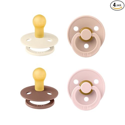 BIBS Pacifiers - Colour 4-Pack | BPA Free Baby Pacifier | Round Nipple Binkies | Natural Rubber Latex Soother | Made in Denmark | Size 1 (0-6 Months) | Blush Mix