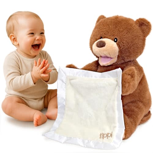 Tippi Peek a Boo Teddy Bear Toy - Interactive Talking Teddy with Blanket | Teddy With Peekaboo Comforter Blanket - For Newborn Baby Boys or Girls - Soft Toy Peekaboo Bear For Babies 0-12 Months +