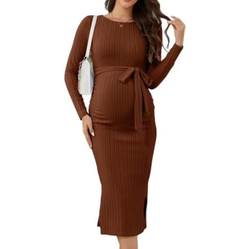 guruixu Crewneck Maternity Sweater Dress Rib Knit Long Sleeve Slit Pregnancy Dress Clothes with Belt