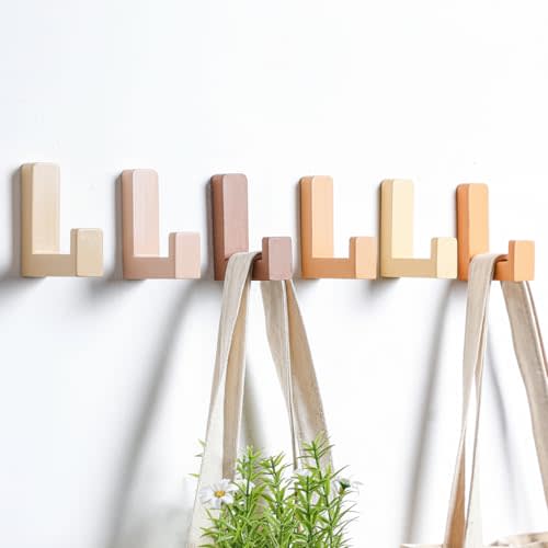 Teenyyou 6 Pack Cute Kids Coat Wall Hooks Wooden Adhesive Decorative Colorful Wall Mounted Hangers Backpack Hooks for Hanging Keys Towel Clothes Bathroom Organization(Neutral Colors,6 Pcs)