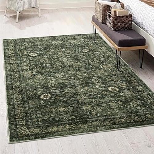 Morebes Washable Dark Green Area Rugs 6x9, Vintage Boho Large Living Room Rugs Non Slip, Distressed Soft Indoor Accent Floor Mat Throw Carpet for Nursery Kitchen Coffee Table Dining Dorm