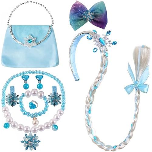 Princess Elsa Wig Elsa Braid Cosplay Long Hair Wig for Girls Elsa Necklace Bag Bracelet Earrings Ring Hair Bow Hair Clips Dress up Accessories for Halloween Christmas Party Favors