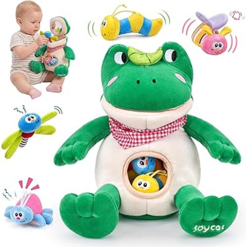 JoyCat Baby Toys 3-18 Months, Frog Montessori Toy Includes 4 Sensory Insects with Rattle, Crinkle, Squeaker & Baby Mirror for Tummy Time, Soft Stuffed Animal Toy for Infants Newborn Boy & Girl Gifts
