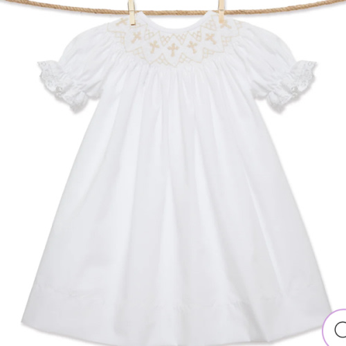 White Smocked Cross Bishop Dress - White with Cream crosses – Pleats and Stitches