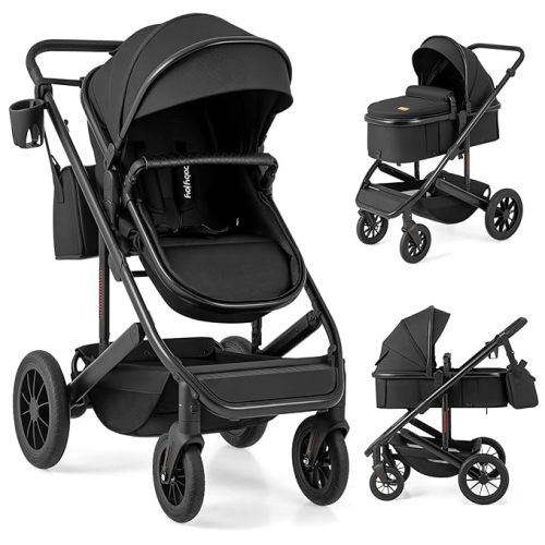 BABY JOY 2 in 1 Convertible Baby Stroller, High Landscape with Bassinet Mode, Reversible Seat, Adjustable Canopy, Cup Holder, Diaper Bag, Foldable Infant Newborn Pram Stroller for 0-36 Months (Black)