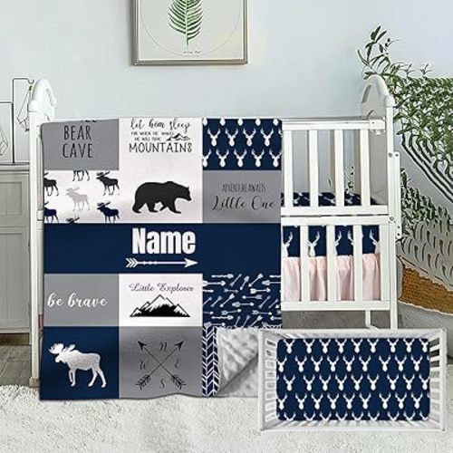 Personalized Custom Baby Bedding Sets, Boys Woodland Theme, 2 Piece Sets, Blue Plaid Comforter and Fitted Sheet