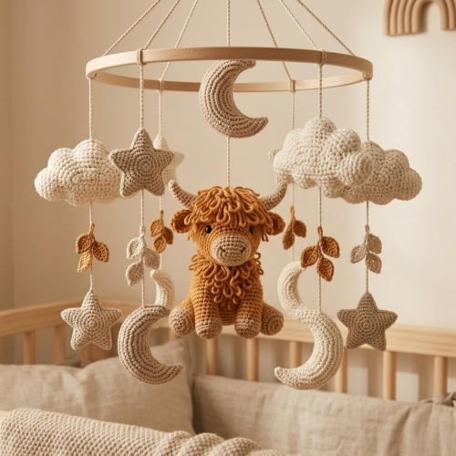 Handmade Crochet Highland Cattle Baby Mobile, Boho Farm Nursery Decor, Highland Cow Baby Mobile Crochet